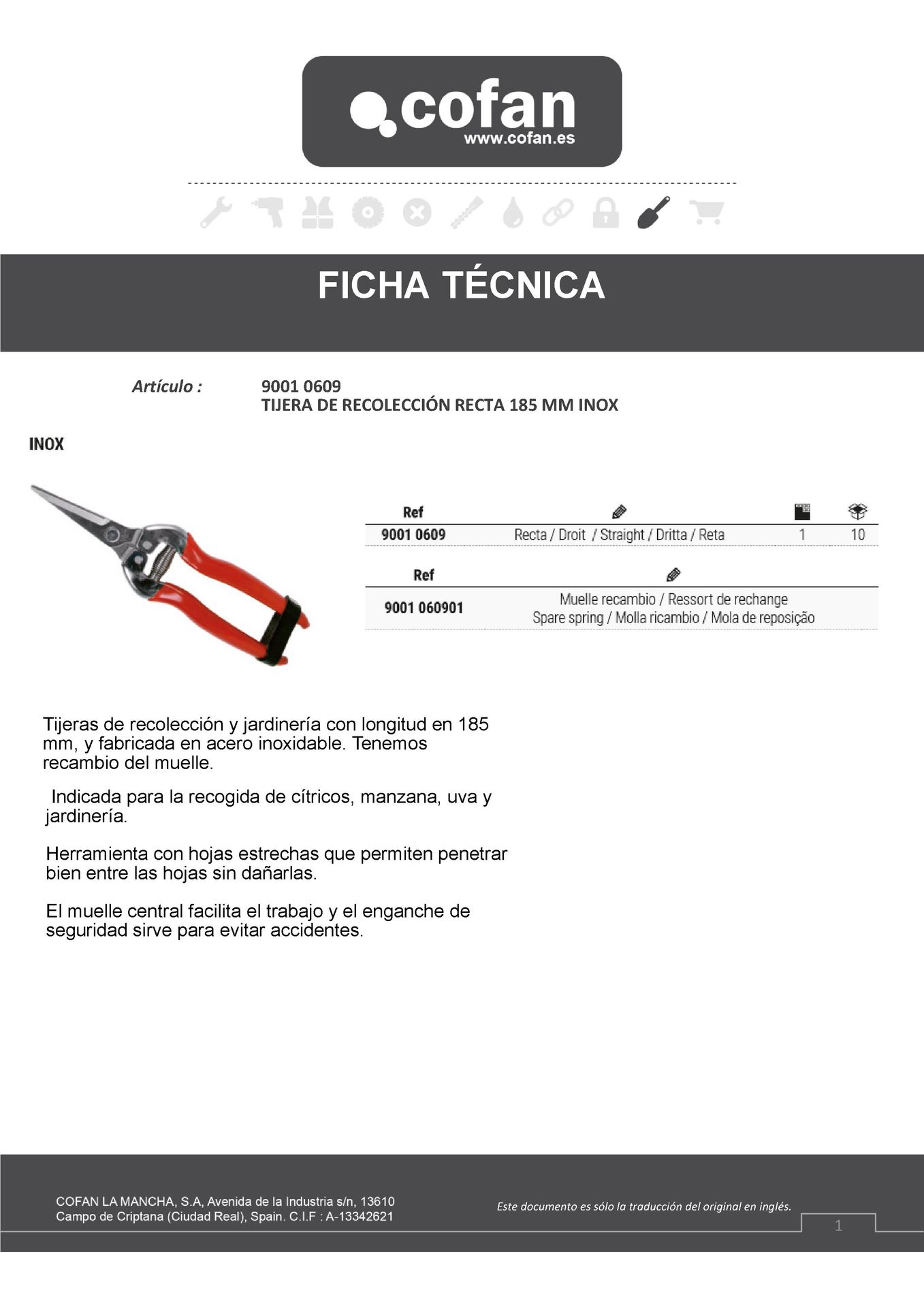 Ficha Tecnica Tijera de Recolección Recta Inox 185 mm