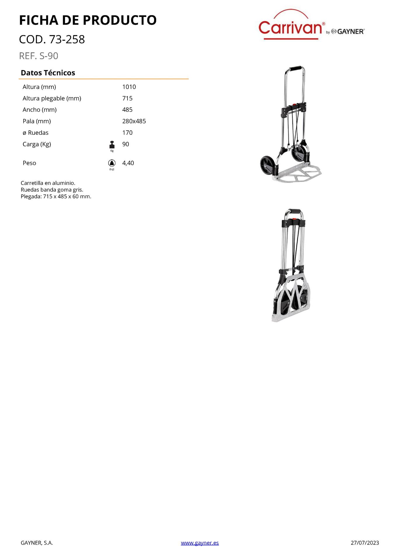 Ficha Tecnica Carretilla Aluminio Plegable 90 Kg
