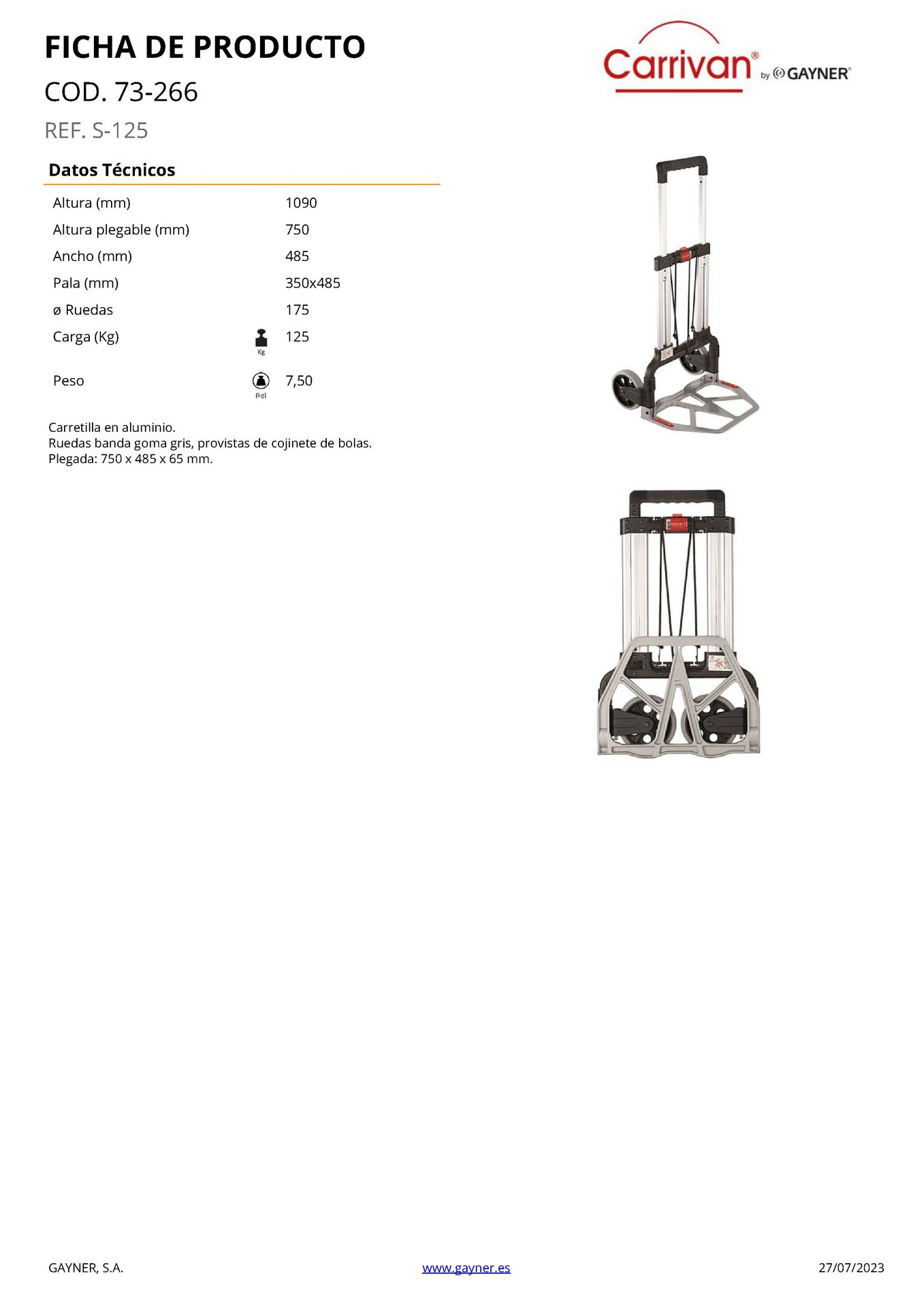 Ficha Tecnica Carretilla Aluminio Plegable 125 Kg