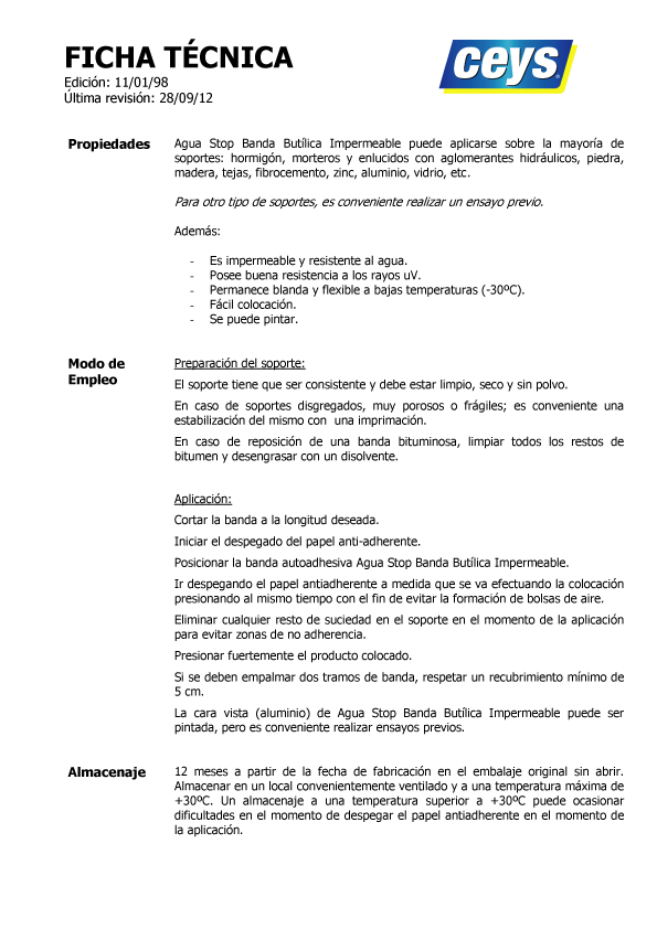 AguaStop Banda Butílica Gris Ficha Técnica 2