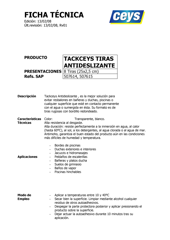 Cinta Antideslizante Bañeras y Duchas Ficha Técnica 1