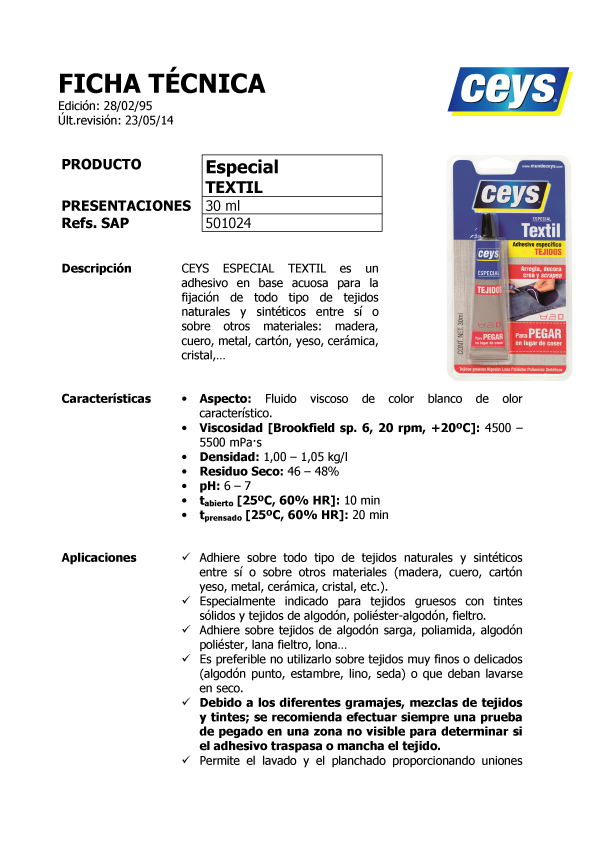 Adhesivo Especial Textil Ceys Ficha Técnica 1