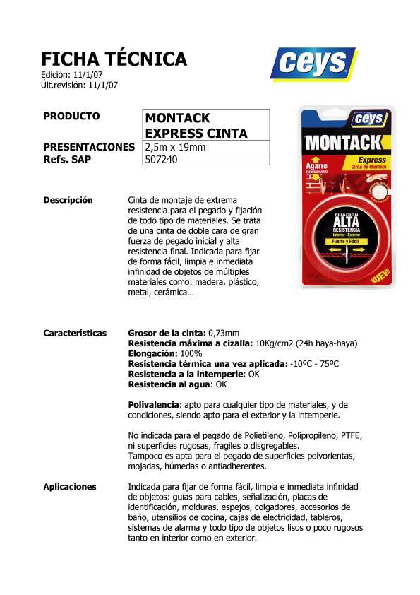 Montack Express  Cinta de Montaje a Doble Cara Ficha Técnica 1