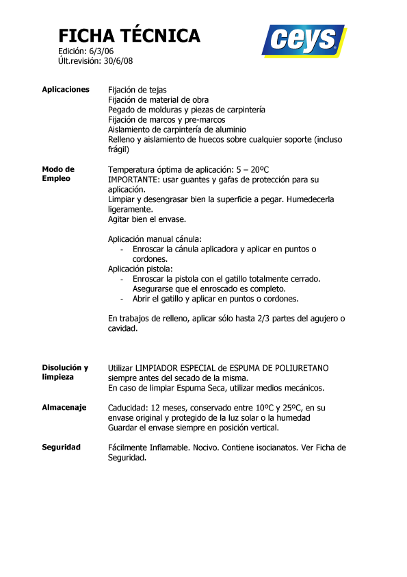 Espumax Pistola Fijación y Montaje Ficha Técnica 2