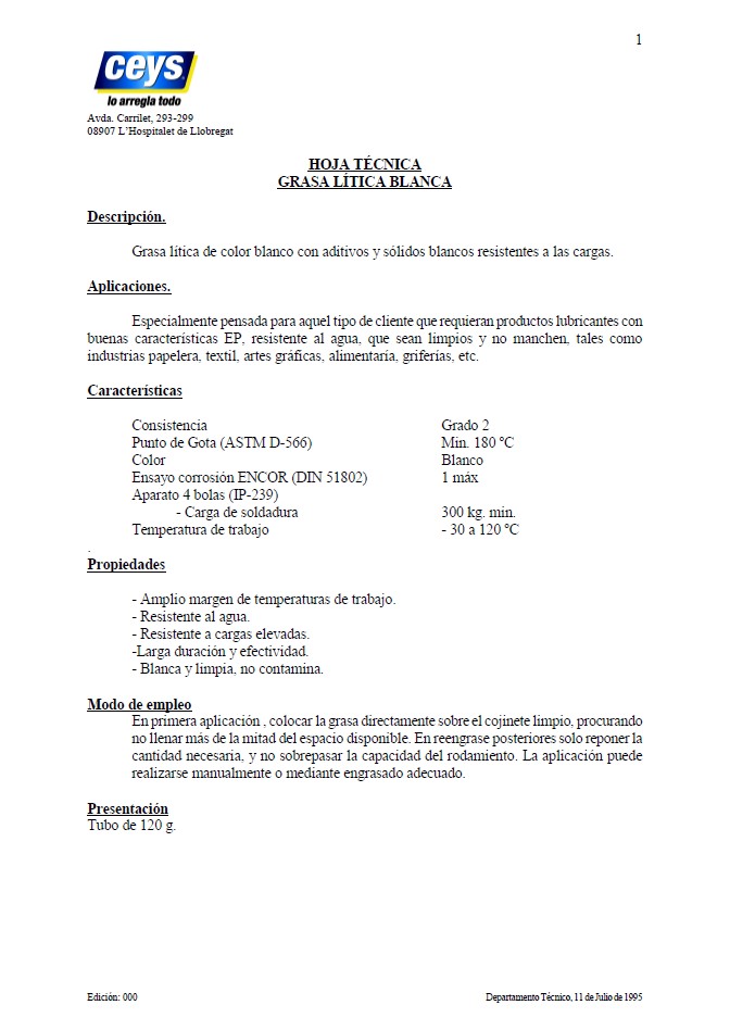 Grasa de Litio Blanca  Ficha Técnica 1