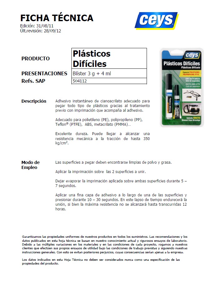 Adhesivo Plásticos Difíciles Ficha Técnica 1