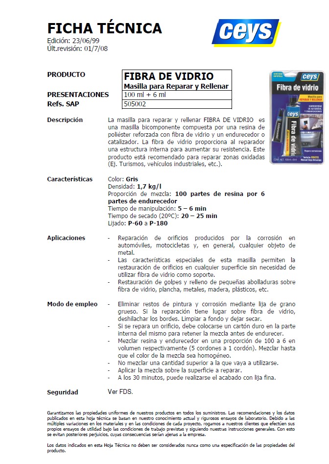 Reparador Fibra de Vidrio Ficha Técnica 1