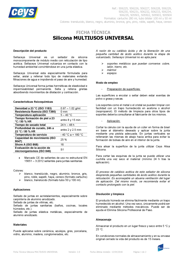 Silicona Sellaceys Multiusos Ficha Técnica 1