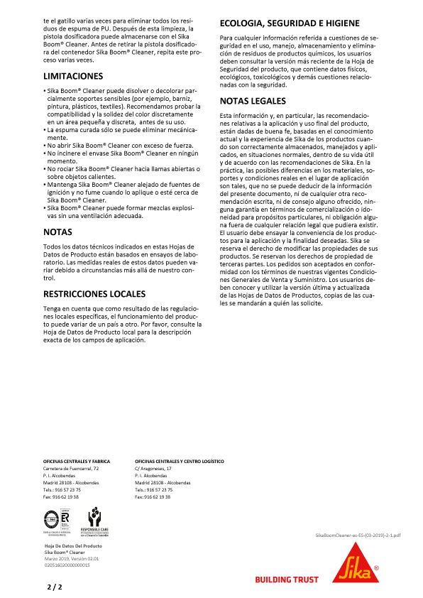 Impermeabilizante líquido para mortero y hormigón Sika 1 Ficha Técnica 2