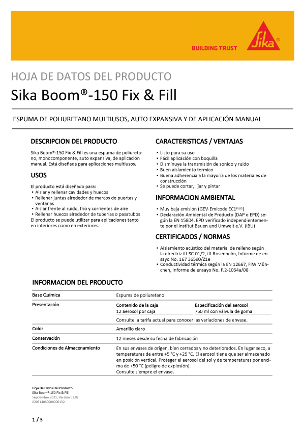 Sika Boom-150 Fix and Fill Ficha Técnica 1