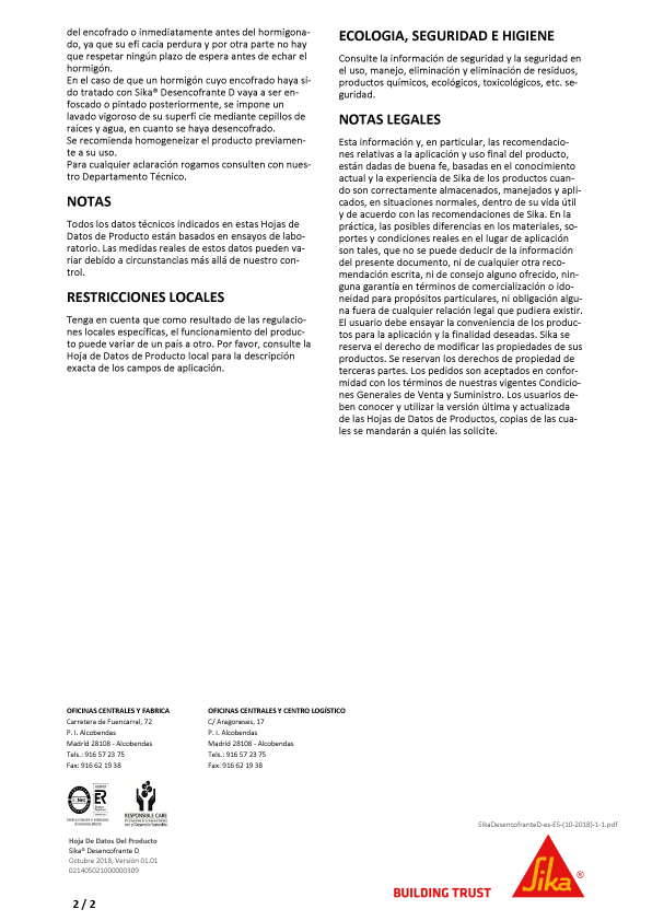 Sika Desencofrante D Aceite de Desencofrado Ficha Técnica 2