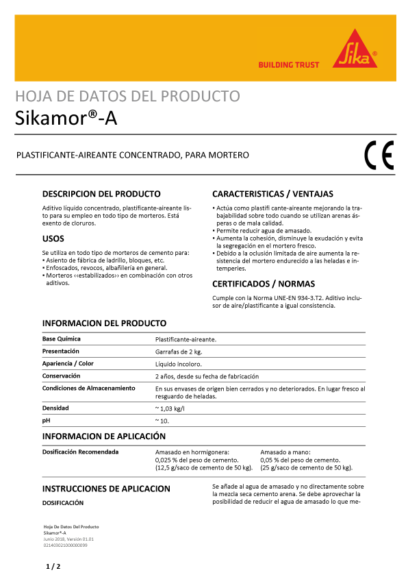 Sikamor A Plastificante-Aireante Concentrado Ficha Técnica 1