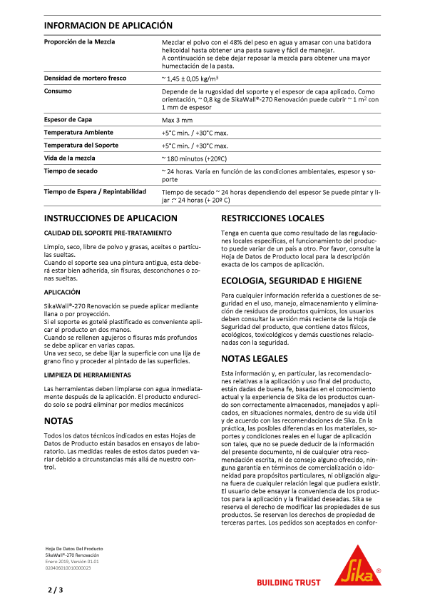 Sikawall 270 Renovación de Paramentos Interiores Ficha Técnica 2