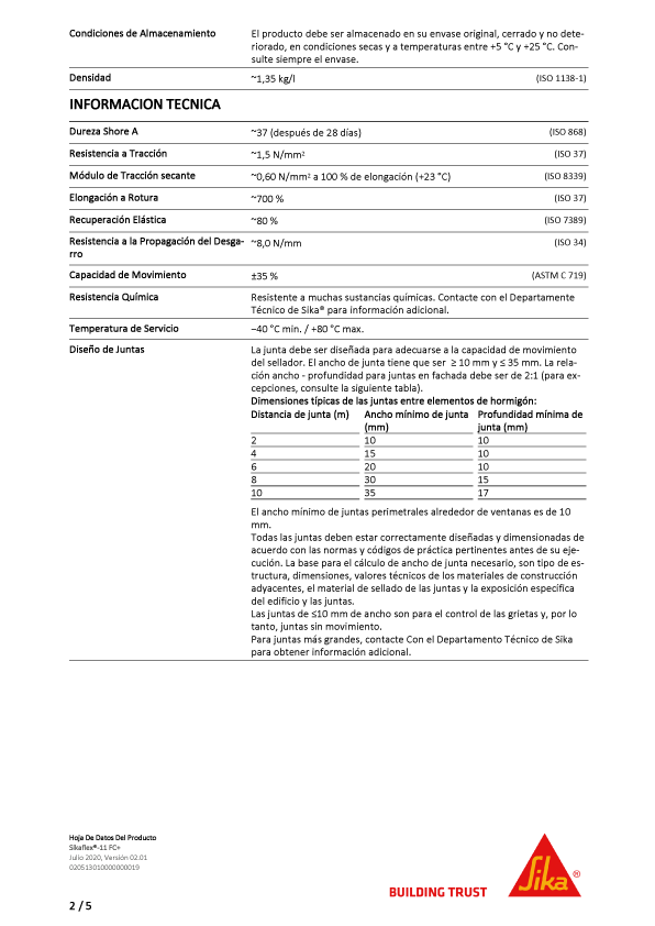 Sikaflex 11 FC Cartucho 300 cm3 Adhesivo Ficha Técnica 2