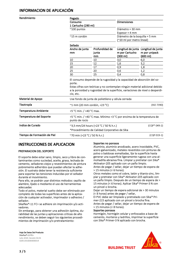 Sikaflex 11 FC Cartucho 300 cm3 Adhesivo Ficha Técnica 3