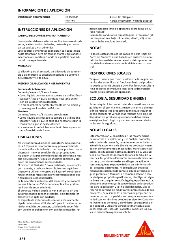 Sika Latex Emulsión Adhesiva Ficha Técnica 2