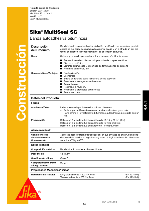 Sika multiseal SG Banda Autoadhesiva Bituminosa Ficha Técnica 1