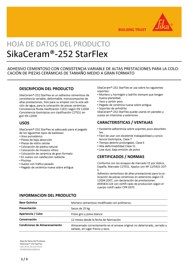Sika Ceram-252 StarFlex Adhesivo Cementoso Ficha Técnica 1