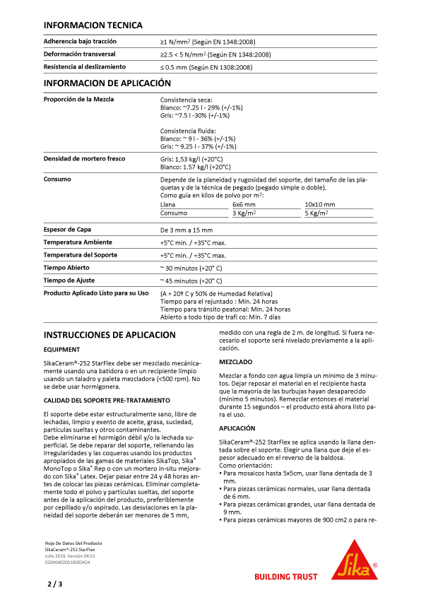 Sika Ceram-252 StarFlex Adhesivo Cementoso Ficha Técnica 2