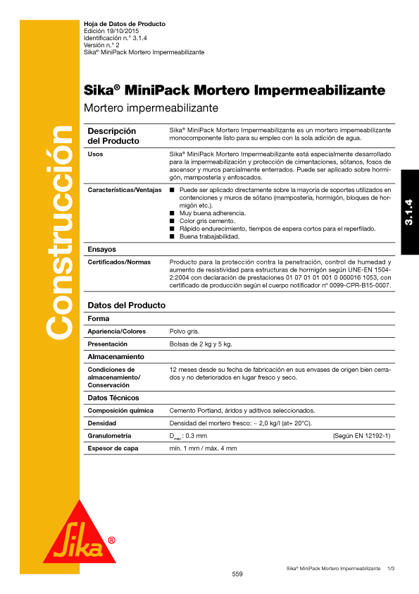Sika Minipack Mortero Impermeabilizante Ficha Técnica 1