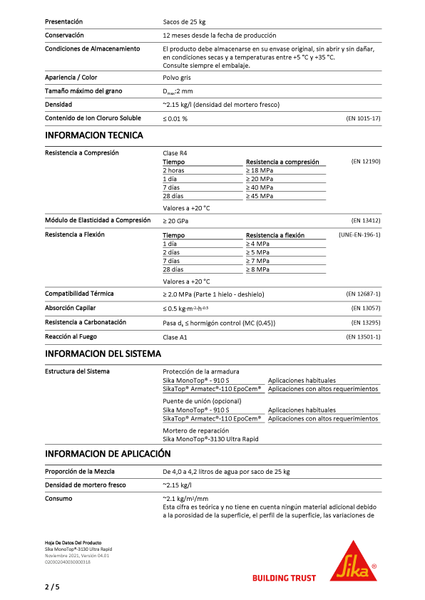 Sika Monotop-3130 Ultra Rapid Mortero Cementoso de Reparación de Hormigón Ficha Técnica 2