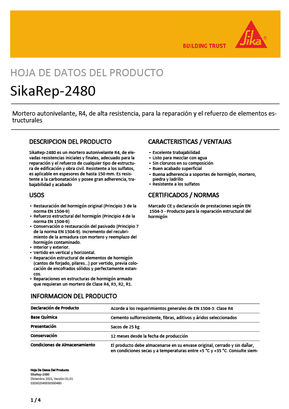 SikaRep-2480 Autonivelante 25 Kg Ficha Técnica 1