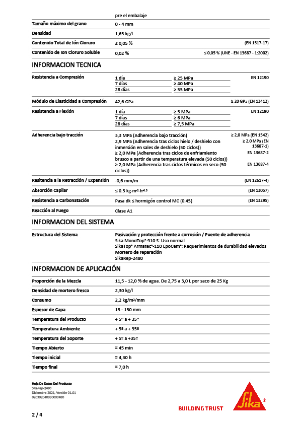 SikaRep-2480 Autonivelante 25 Kg Ficha Técnica 2