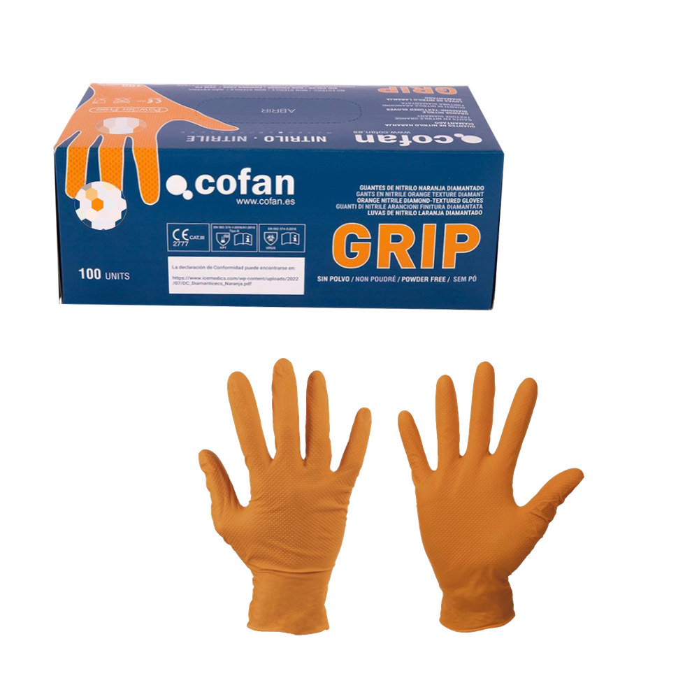 Caja de 100 Guantes de Nitrilo con Textura Diamantada color naranja.