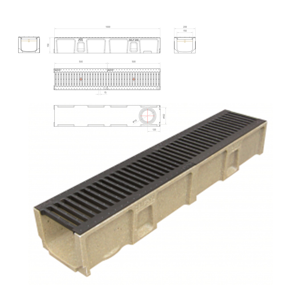 Canal Aco Self 200 + Rejilla Pasarela  Fundición 1000x200x150 mm Ref. C0150003
