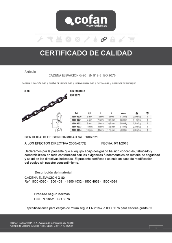 Cadena Elevación G80 M8 Certificado de Calidad