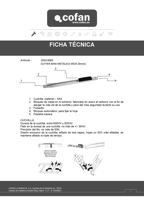 Cutter metálico Inox 9 mm Ficha Tecnica