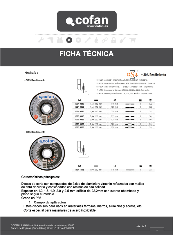 Disco Corte Acero 115 mm  Ref: 1004 1115 Ficha Técnica 1