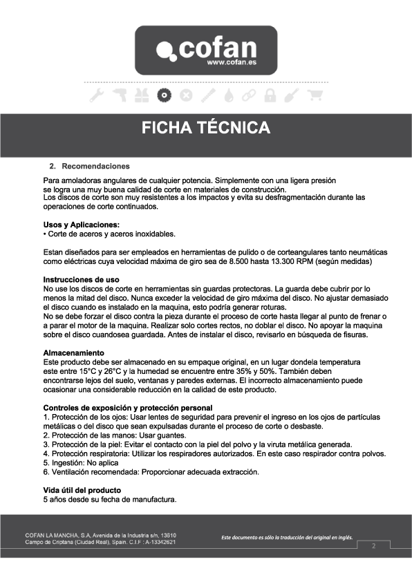 Disco Corte Acero 115 mm  Ref: 1004 1115 Ficha Técnica 2