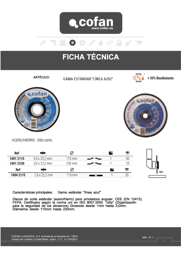 Disco Corte Metal Línea Azul 115 mm Ficha Técnica 1