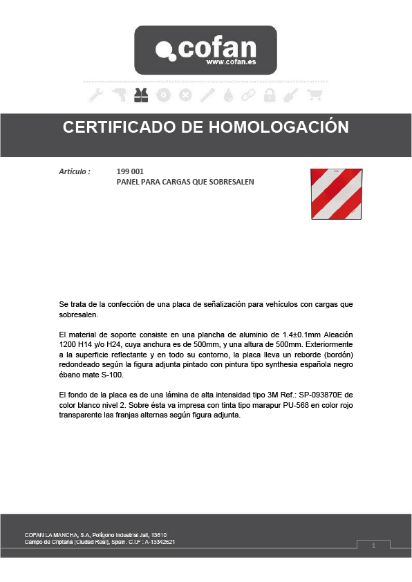 Placa V-20 Carga sobresaliente 500x500 Certificado de Homologación 1