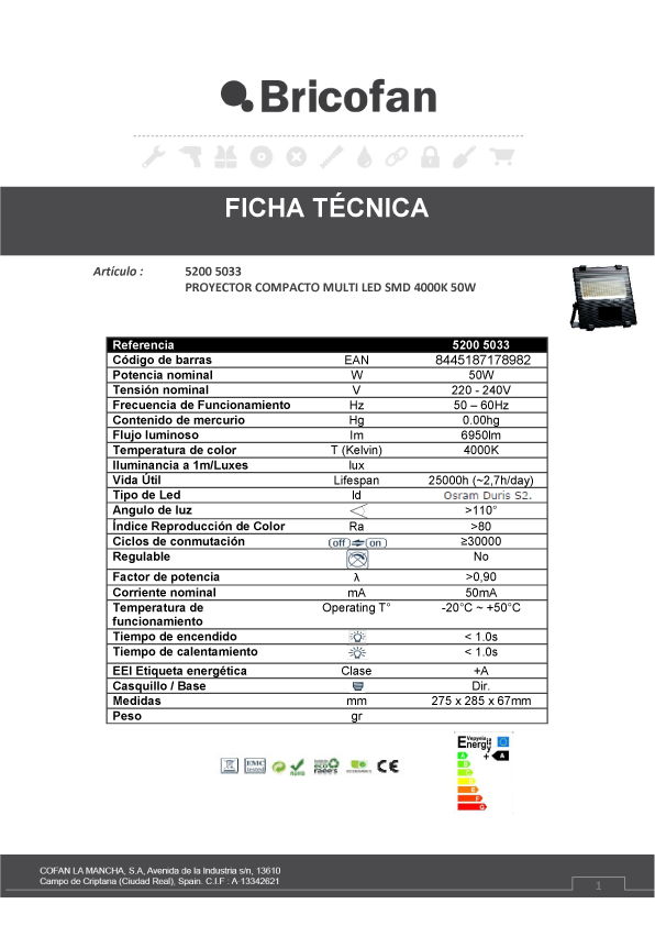 Proyector Led SMD 4000 K 50 W Ficha Técnica