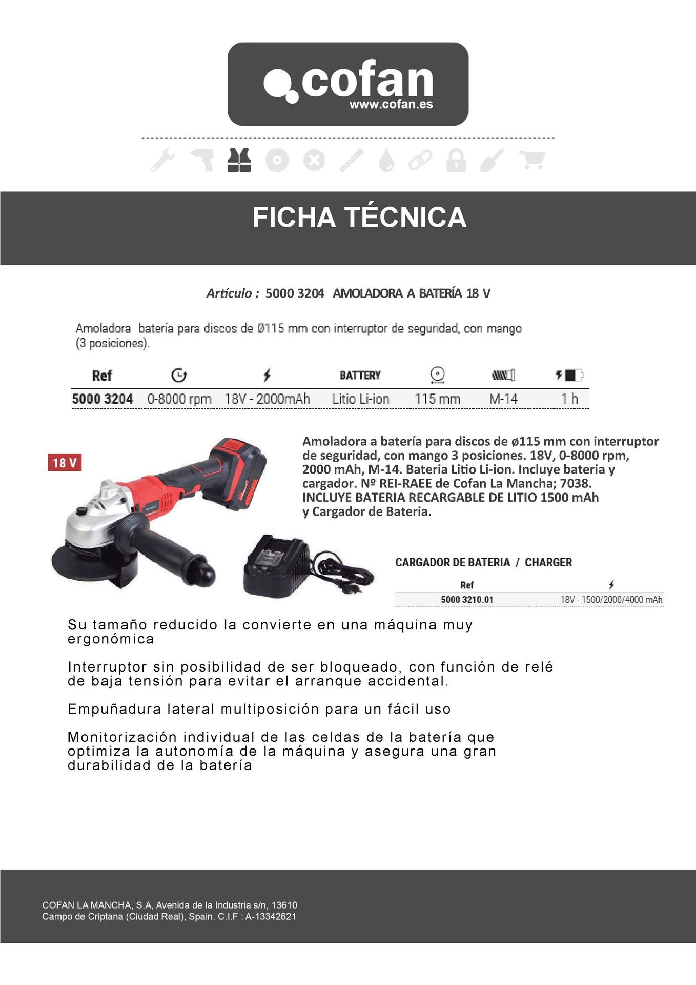 Ficha Técnica de Amoladora a Batería Li-Ion 18 V 115 mm Ref. 50003204