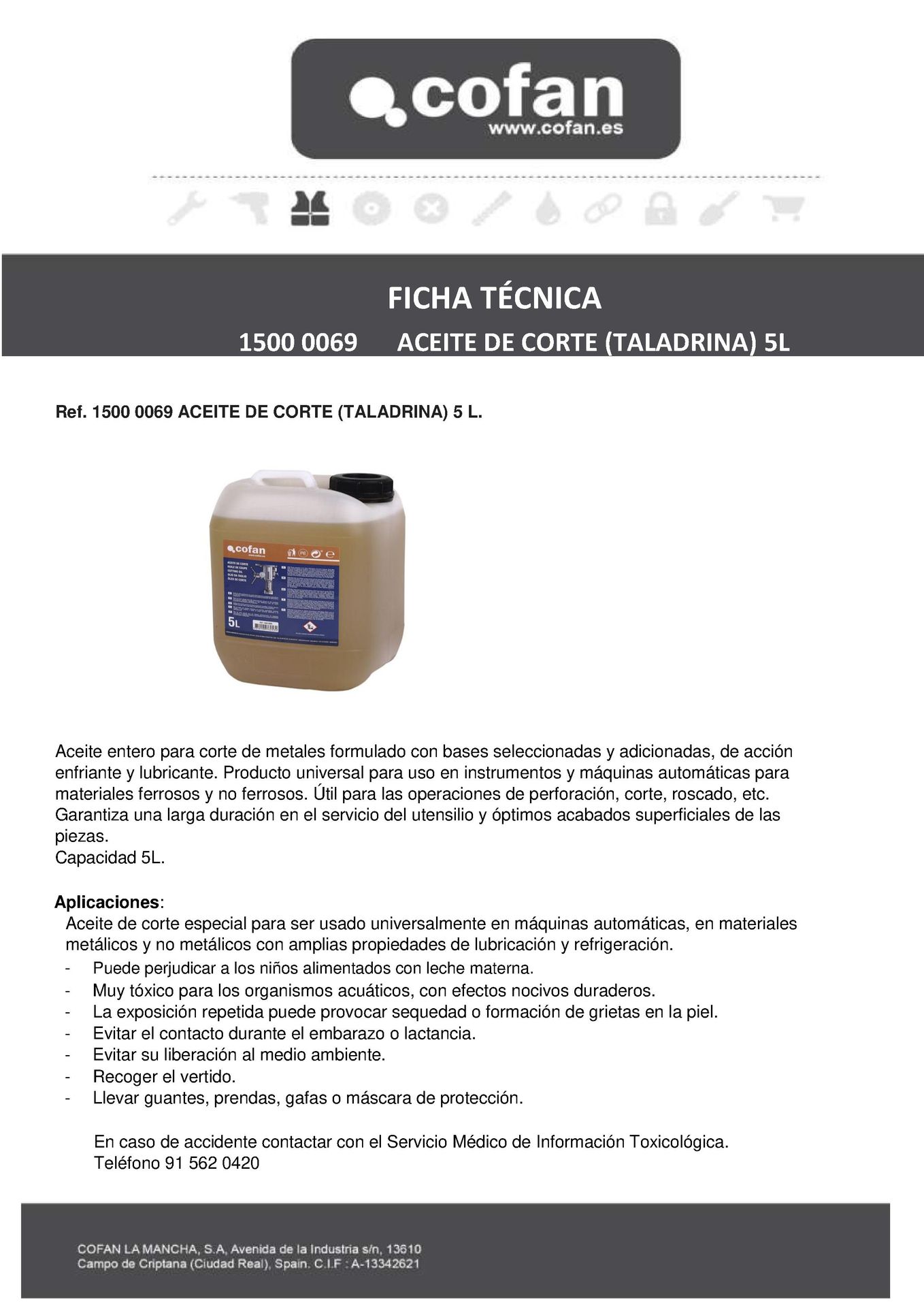 Ficha Técnica de Aceite de Corte (Taladrina) 5 Litros Ref. 15000069
