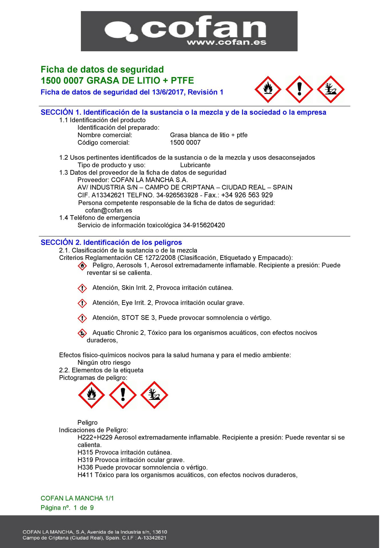 Hoja de Seguridad de Spray Grasa de Litio Blanca + PTFE 400 ml Ref. 15000007