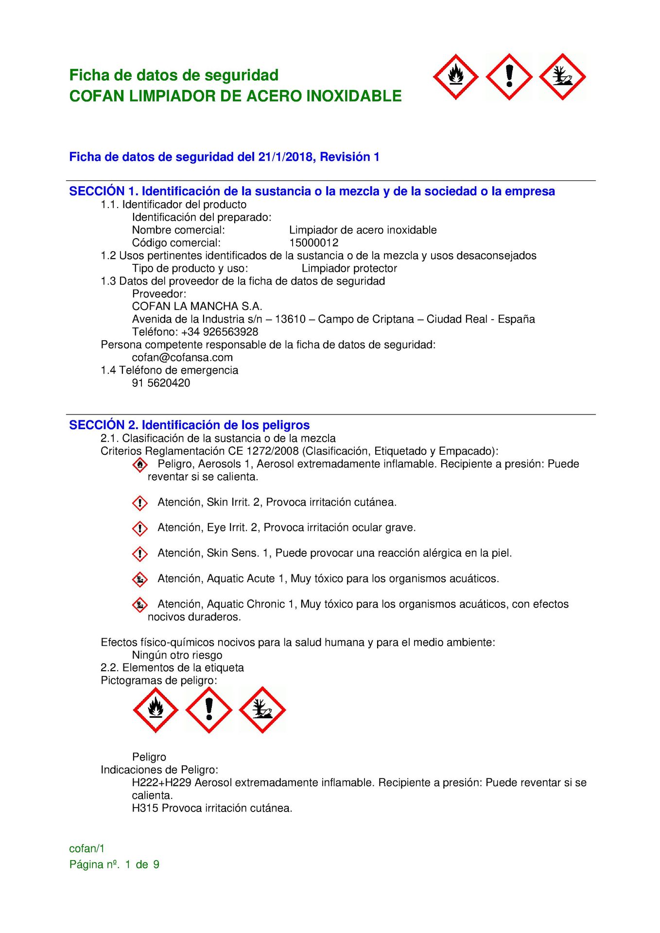 Hoja de Seguridad de Spray Limpiador de Acero Inox 400 ml Ref. 15000012