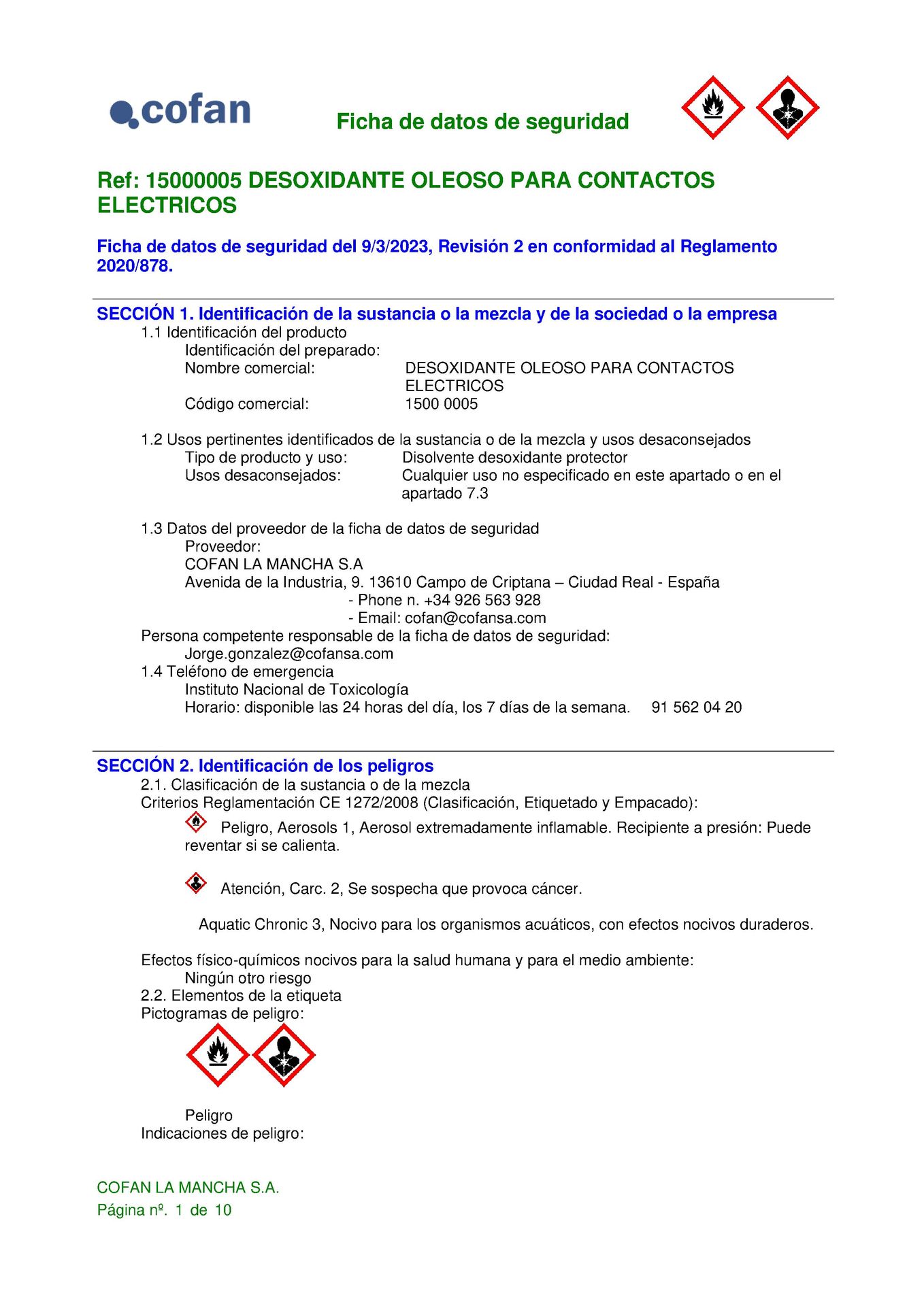 Hoja de Seguridad de Spray Limpiador Oleoso de Contactos Eléctricos 400 ml Ref. 15000005