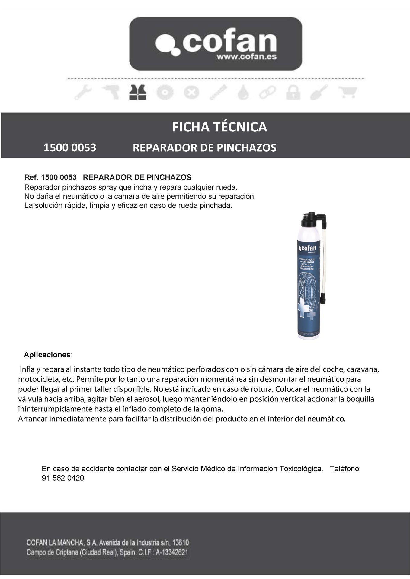 Ficha Técnica de Spray Reparador de Pinchazos 300 ml Ref. 15000053