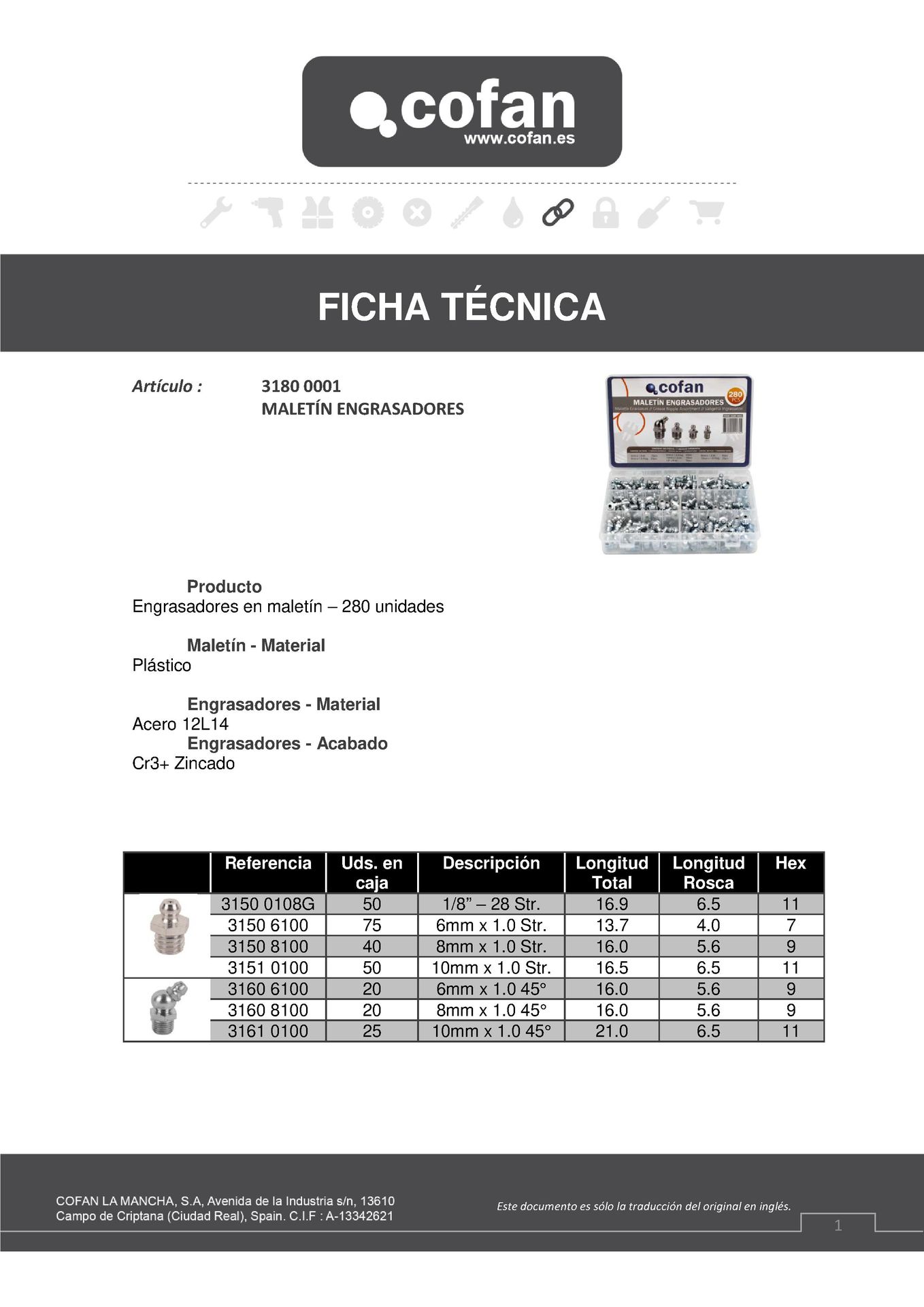 Ficha Técnica de Maletín 280 Engrasadores Ref. 31800001