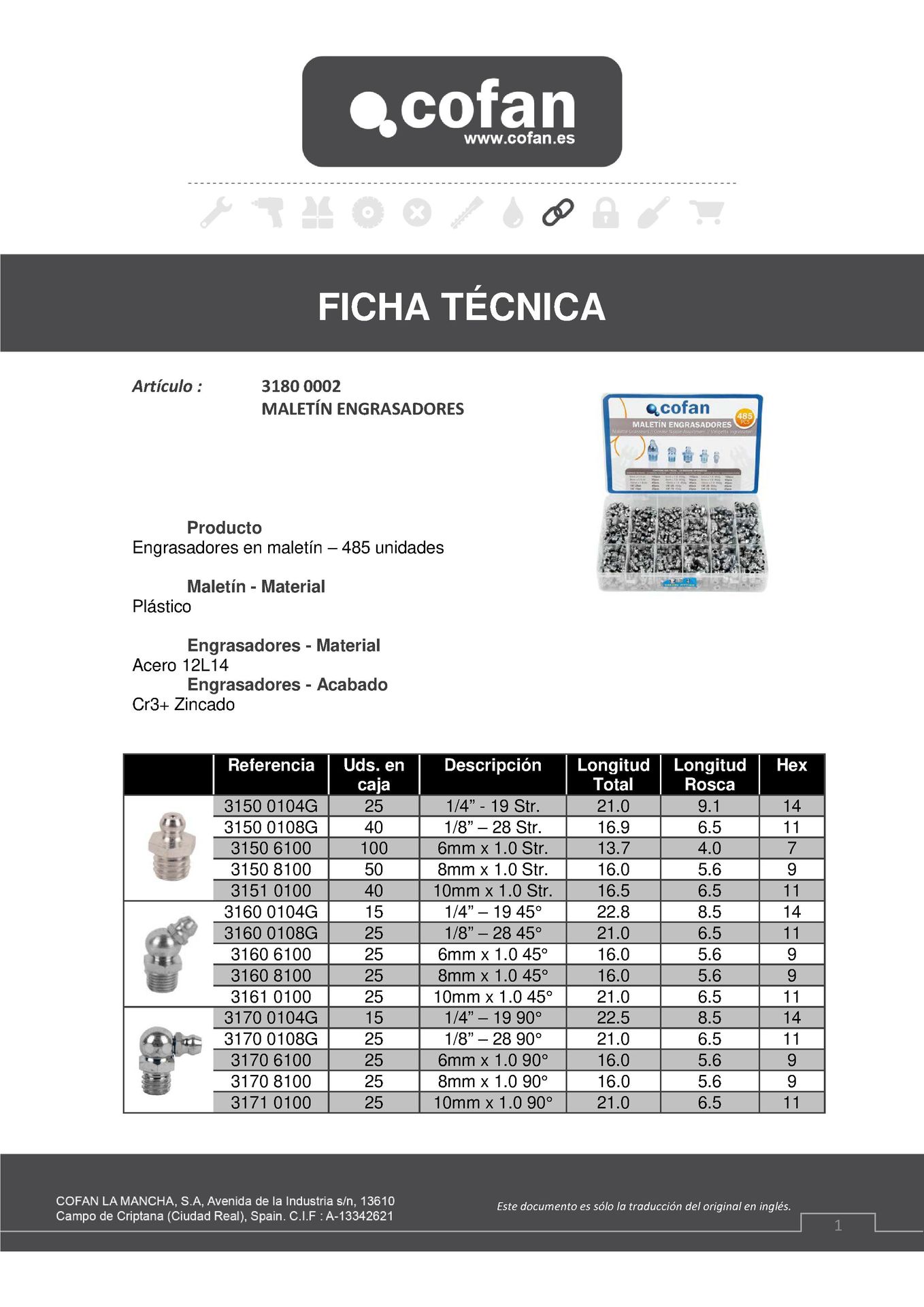 Ficha Técnica de Maletín 485 Engrasadores Ref. 31800002
