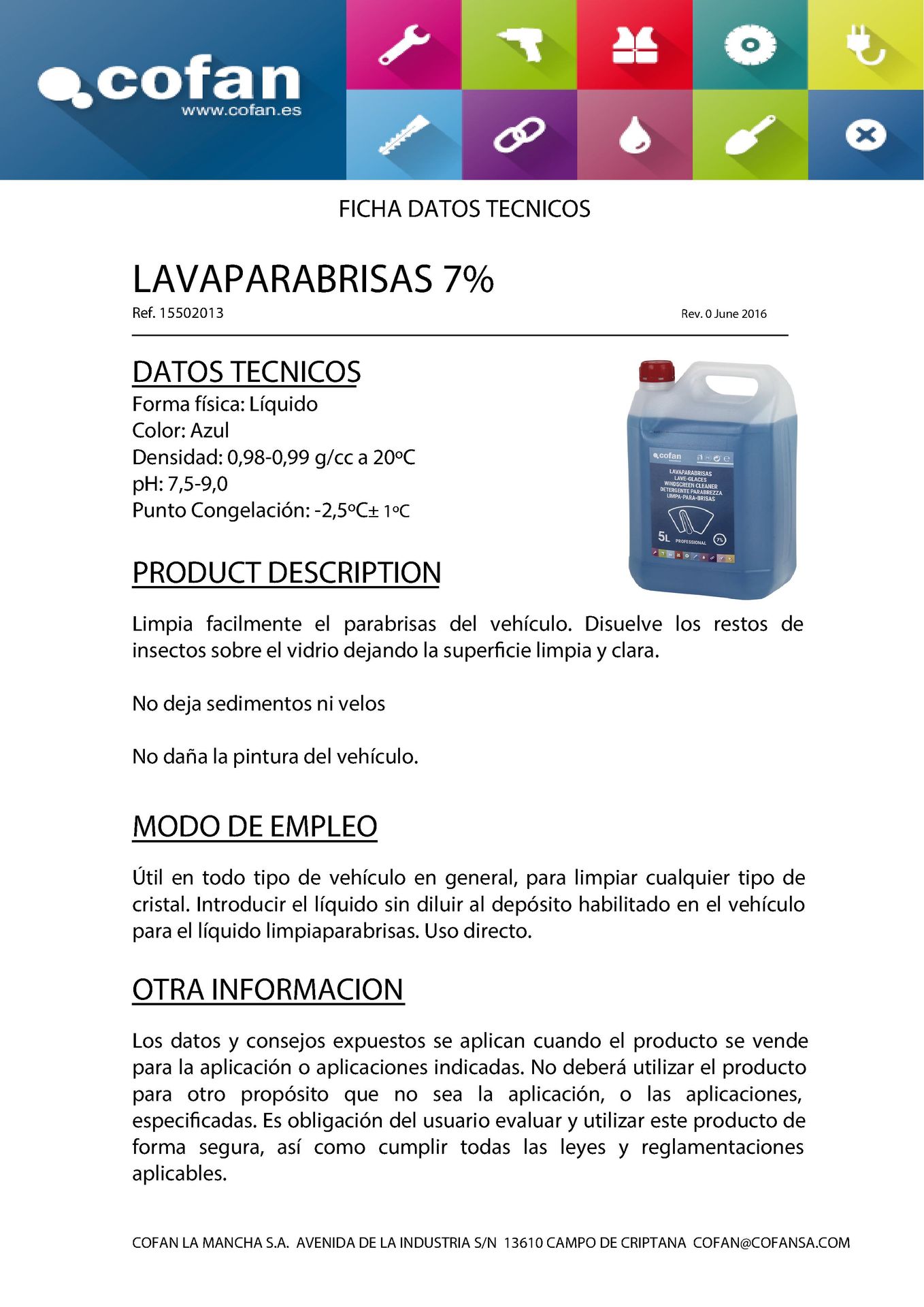 Ficha Técnica de Lavaparabrisas Anticongelante -10º 5 Litros Ref. 15502013