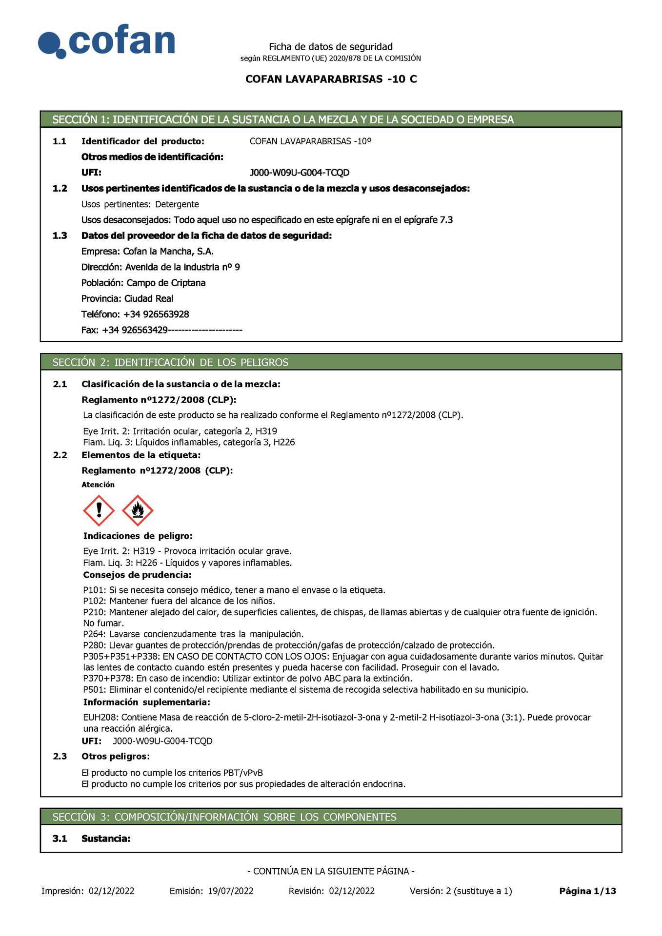 Ficha de Datos de Seguridad de Lavaparabrisas Anticongelante -10º 5 Litros Ref. 15502013