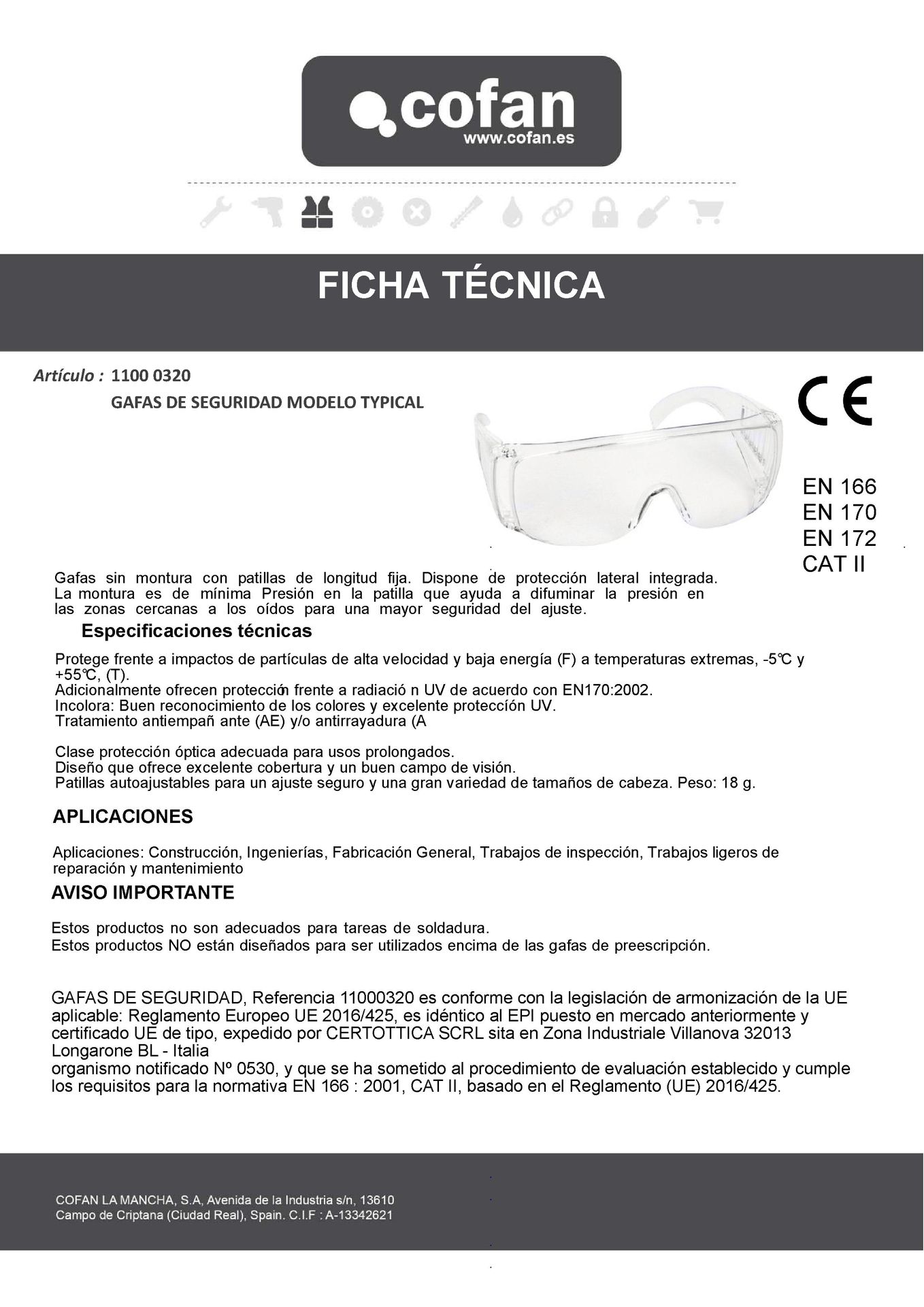 Ficha Técnica de Gafas de Seguridad Typical Ref. 11000320