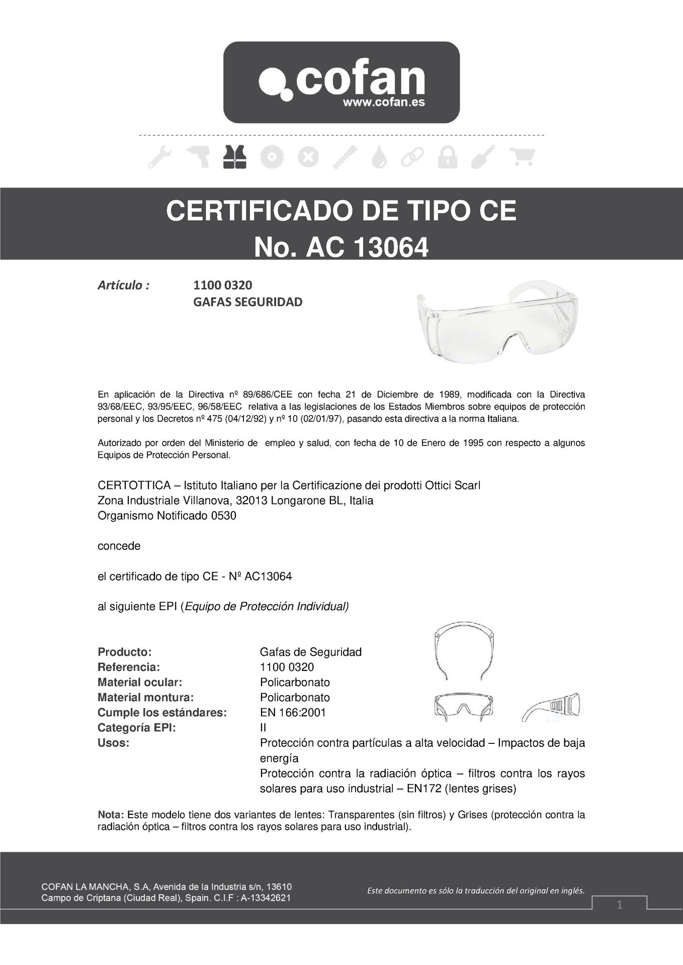 Certificado de Gafas de Seguridad Typical Ref. 11000320
