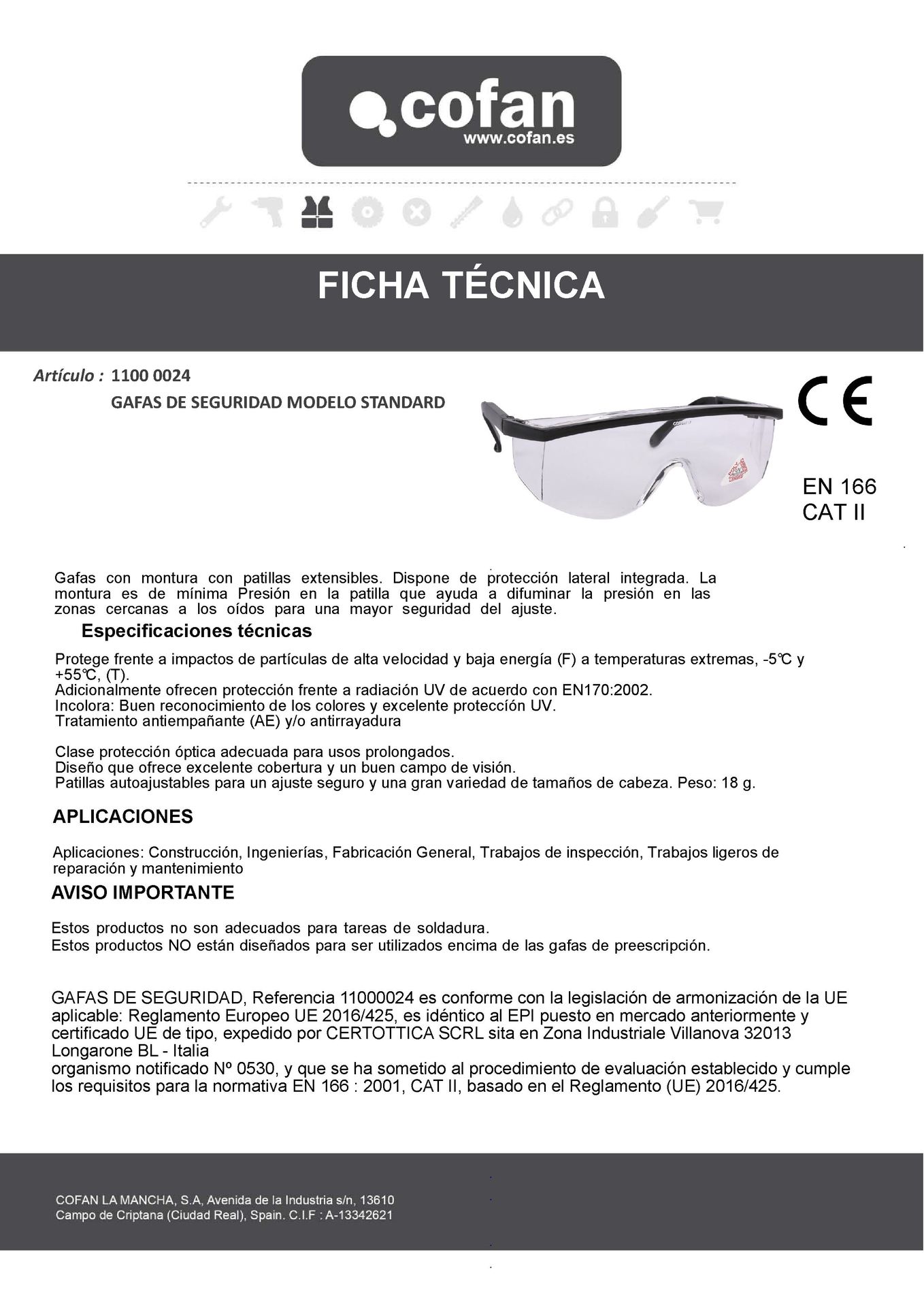 Ficha Técnica de Gafas de Seguridad Contra Impactos Ref. 11000024