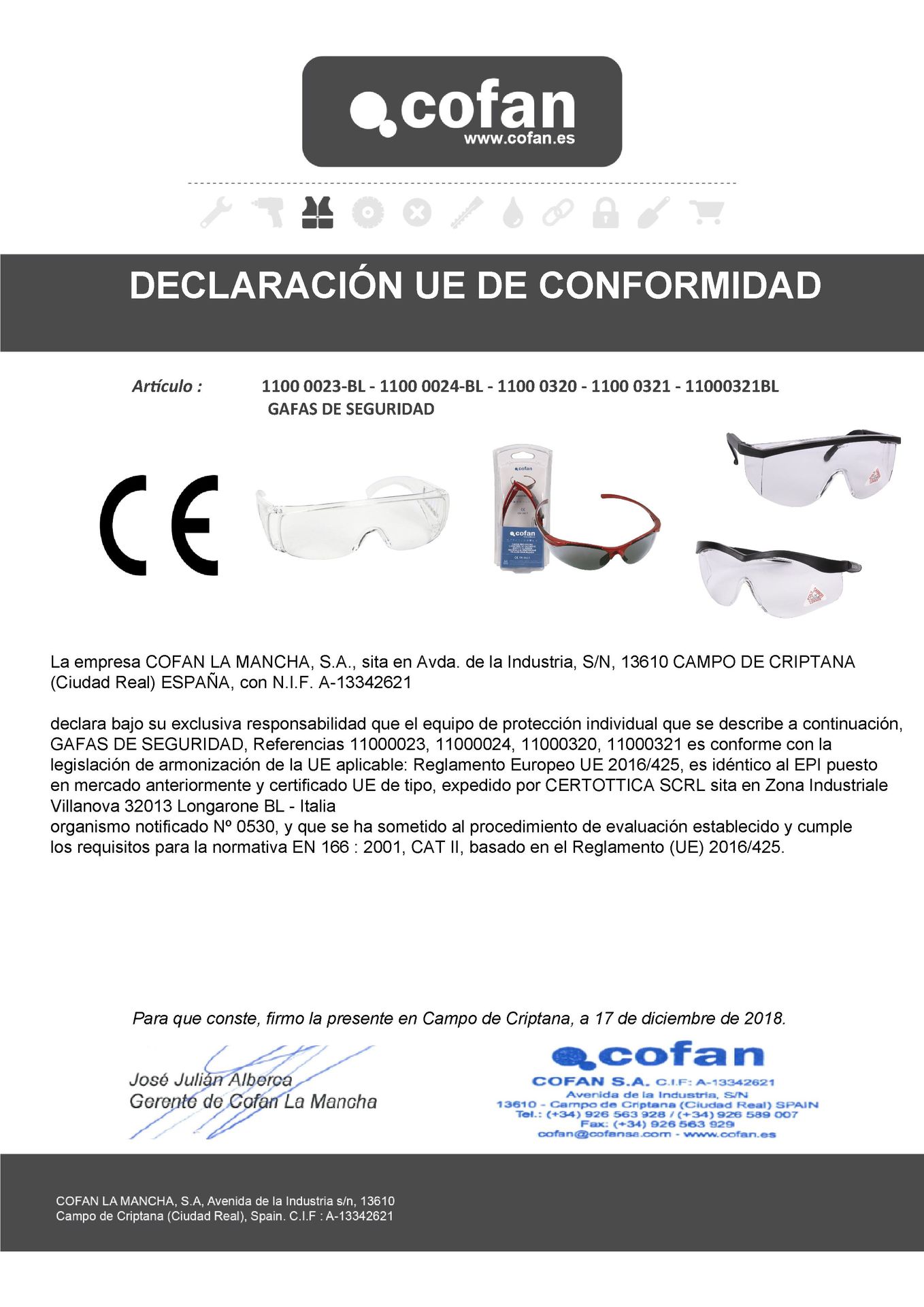 Declaracion de Conformidad de Gafas de Seguridad Contra Impactos Ref. 11000024